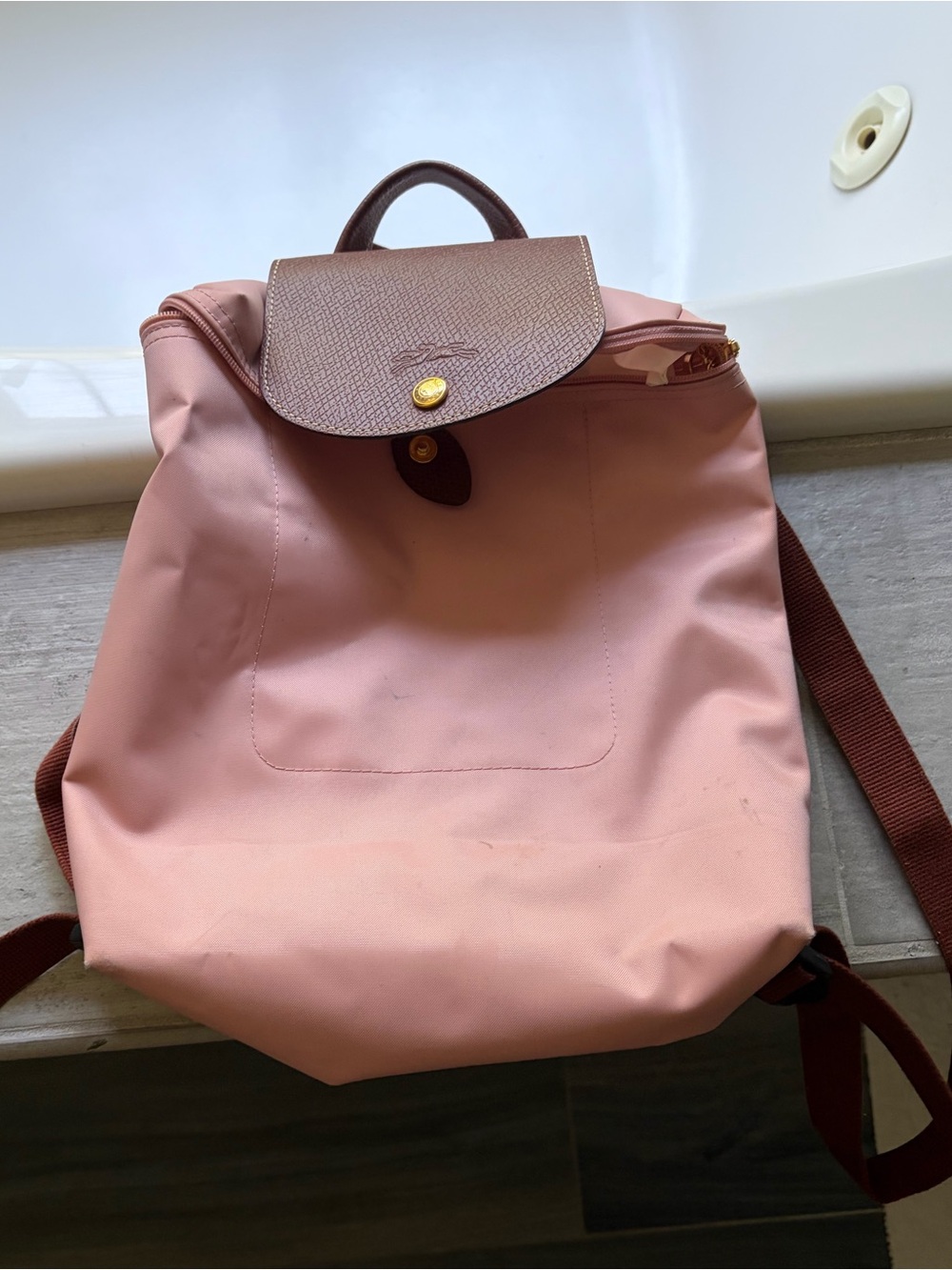 Longchamp Pink Backpack with Brown Leather Flap - Picture 2 of 3